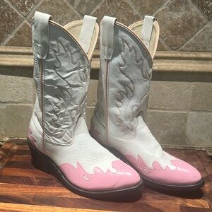 White cowboy boots with pink accents and western detail